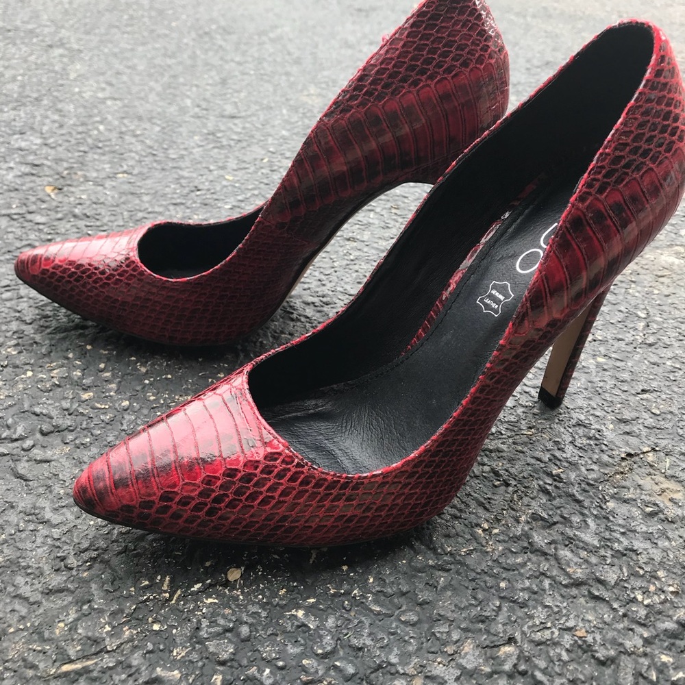 Red snake print heels